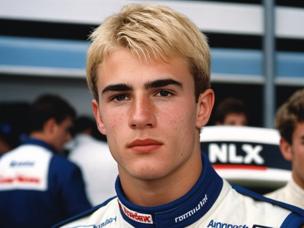 (20 years old man, f1 racer, wearing blue and white nomex suit, handsome, thick eyebrows, blonde, hairy, crooked nose, cute, freckles, 1990s, young, varsity, ted colunga, branded nomex suit, scruffy face, open-wheel single-seater formula racing cars, stadium, Charles Leclerc)

8k, cinematic lighting, very dramatic, very artistic, soft aesthetic, innocent, realistic, masterpiece, hdsrmr, cinema verite, film still, ((perfect anatomy): 1.5), best resolution, maximum quality, UHD, life with detail, analog, cinematic moviemaker style,Movie Still