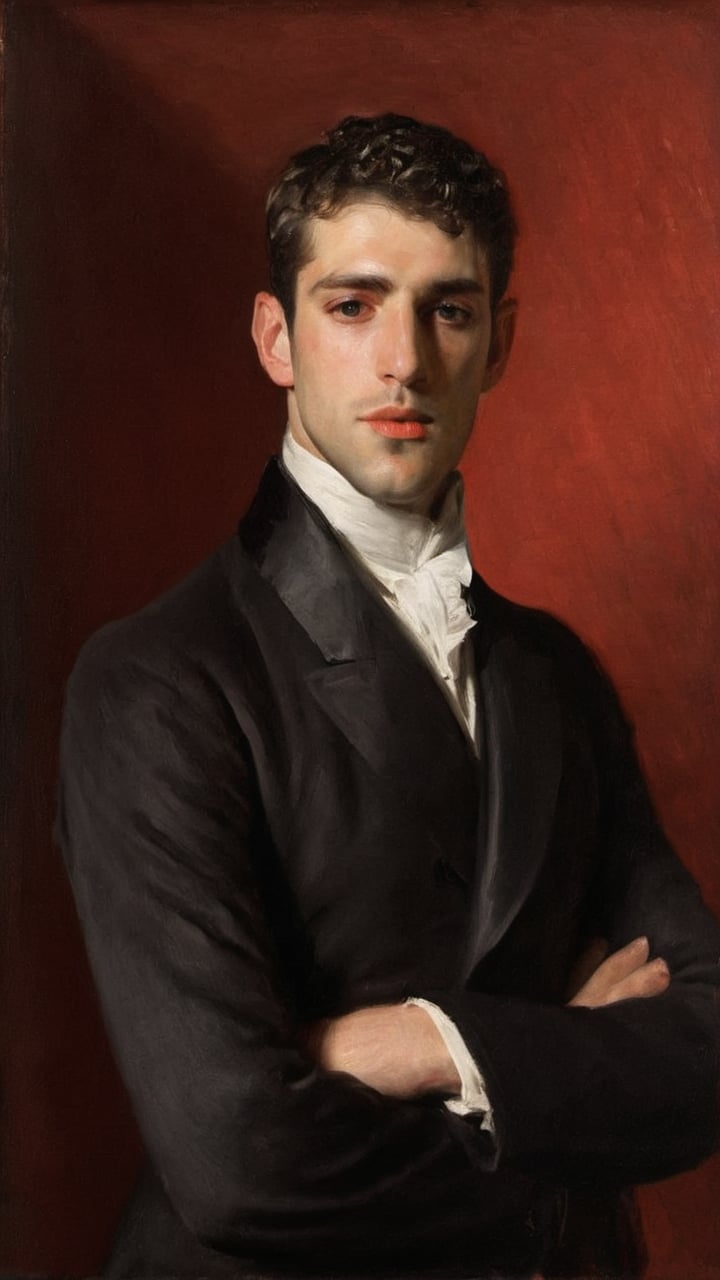 score_9, score_8_up, score_7_up, score_6_up, score_5_up, score_4_up, GQ, 8K image:

James Norton. an neoclassical painting portrait of a young Italian handsome man with a strong, confident demeanor. He has neatly styled dark hair that is slightly swept back, framing his angular face. His expression is serious yet approachable, with a hint of curiosity in his eyes. Regency era from the 19th Century. The image has harsh strokes on the old canvas imitating the paintings from that era.

He is dressed in a classic aristocrat formal outfit, featuring a tailored black coat that fits snugly across his shoulders and torso. Underneath, he wears a crisp white shirt with a high, structured collar that stands up prominently, giving the ensemble an air of sophistication. The collar is stark against the dark fabric of the coat and adds an element of elegance to his appearance.

The young man is positioned slightly to the side, with his head turned to face the viewer, showcasing a profile that highlights his sideburn, strong jawline and refined features. He rests one hand on the arm of a richly carved wooden chair, suggesting a relaxed confidence.

The background is a warm, muted red that contrasts with his dark clothing, drawing focus to his face and attire. The lighting is dark and harsh, subtly illuminating his features and casting harsh shadows that enhance the depth of the portrait.

Pay close attention to the details of his clothing, the expression in his eyes, and the overall classic elegance of the composition, capturing a moment of dignified presence and introspection.
Oil painting art by John Singer Sargent, Greg Rutkowski, or Wlop would bring this stunning image to life.