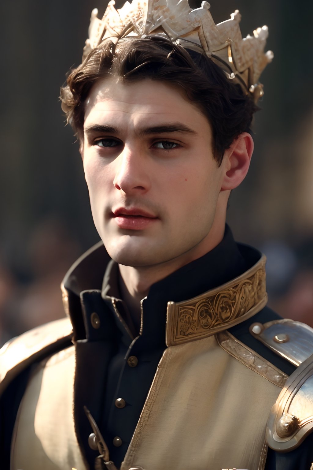 a young handsome prince wearing military royal outfit with armor, wearing a jeweled crown, ((sean o pry)), outdoors (dark age, war setting, kingdom village), medieval hero, regal style coat, (royal commander attire:0.4), royalty, victorean era, ethereal, manly, hairy, chest hair, youthful, stubble, 18 years old, envious, shiny, heroic, pale skin, defined jawline, crooked nose, hot, captain, lustful, masculine, mythology, medieval, fantasy, young, alpha male, handsome male, high fantasy, art by wlop, facing in front (portrait close-up), renaissance painting, masterpiece, realistic, photorealistic, 8k, cinematic lighting, very dramatic, very artistic, soft aesthetic, innocent, art by john singer sargent, greg rutkowski,Masterpiece