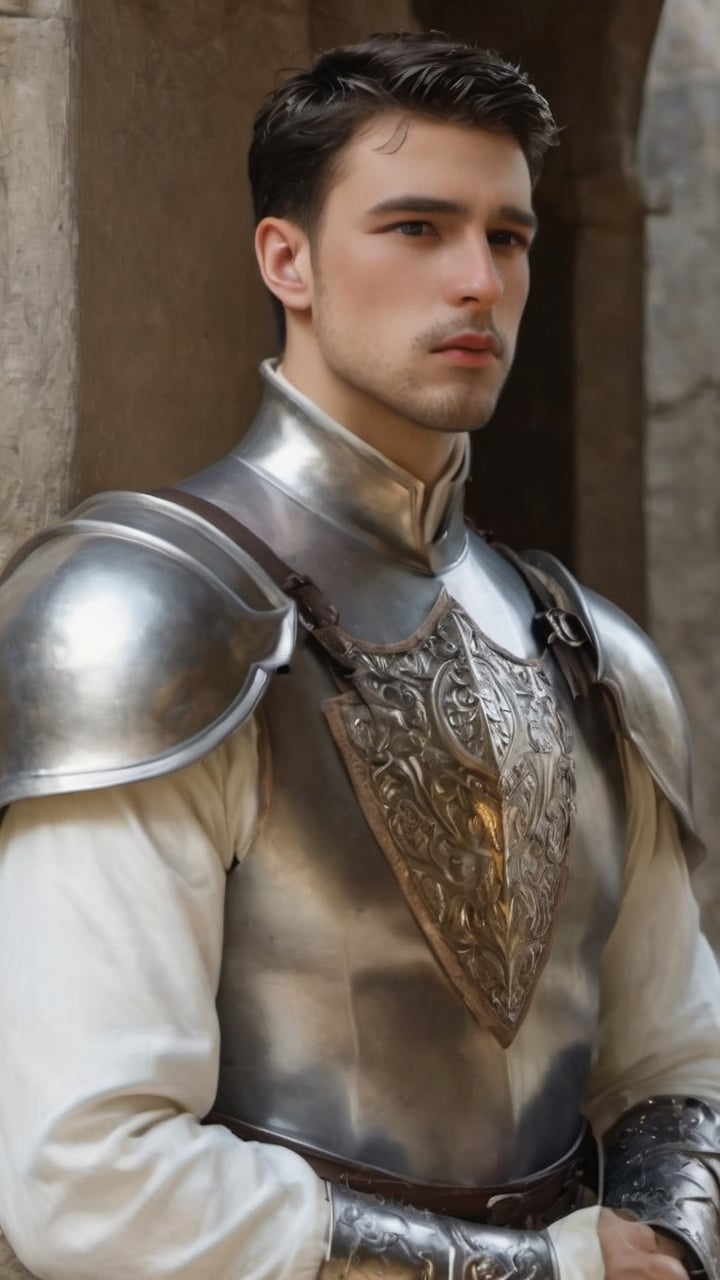 ((white knight)), a handsome man in a High Gothic silver metal plate armor in a beautiful ornemental, ((True Silver)), (((marlon teixera))), short black hair with bangs, outdoors (in a grassland filled with roses and ruins), ethereal, white aura, shiny, youthful, pale skin, thick eyebrows, soft, mythology, medieval, fantasy, young, alpha male, hot, masculine, manly, dark fantasy, 80s fantasy, high fantasy, white armor, defined jawline, crooked nose, hot, , medieval armor, art by wlop, handsome male, facing in front (portrait close-up), renaissance painting, hades armor

8k, cinematic lighting, very dramatic, very artistic, soft aesthetic, innocent, art by john singer sargent, greg rutkowski, oil painting, Camera settings to capture such a vibrant and detailed image would likely include: Canon EOS 5D Mark IV, Lens: 85mm f/1.8, f/4.0, ISO 100, 1/500 sec,hdsrmr