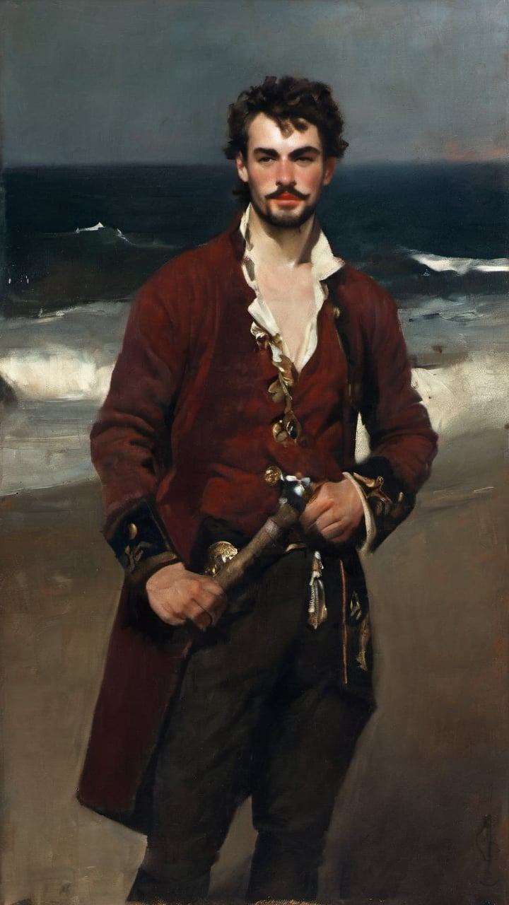 a young handsome evil sleazy hairy pirate, outdoors (dark age, ocean, ship setting), english pirate, sea captain, dark shabby red style coat, Captain hook, shirt open, revealing, chest hair, royalty, dirty, evil, victorean era, ethereal, manly, hairy, chest hair, youthful, stubble, 18 years old, envious, shiny, villain, pale skin, defined jawline, crooked nose, hot, captain, lustful, masculine, mythology, medieval, fantasy, young, alpha male, handsome male, high fantasy, art by wlop, facing in front (portrait close-up), renaissance painting, masterpiece, max bogoss

8k, cinematic lighting, very dramatic, very artistic, soft aesthetic, innocent, art by john singer sargent, greg rutkowski, oil painting, Camera settings to capture such a vibrant and detailed image would likely include: Canon EOS 5D Mark IV, Lens: 85mm f/1.8, f/4.0, ISO 100, 1/500 sec,pir4t4,cinematic style