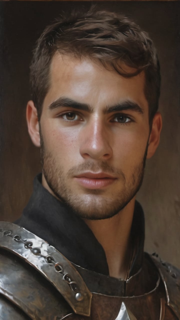 a burly young handsome hunter, blacksmith, farmer, dark age, (((marlon teixera))), peasant, short brown hair, outdoors (forest), ethereal, shiny, youthful, dirty, caucasian, battle axe, facial hair, face scars, thick eyebrows, soft, mythology, medieval, fantasy, young, alpha male, battle axe, hot, masculine, manly, dark fantasy, 80s fantasy, high fantasy, rag clothes, rust metal armor, defined jawline, crooked nose, hot, hairy, medieval armor, art by wlop, handsome male, facing in front, portrait close-up, renaissance painting, game of thrones, skyrim, elder scrolls, GQ, breton, Imperial

8k, cinematic lighting, very dramatic, very artistic, soft aesthetic, innocent, art by john singer sargent, greg rutkowski, oil painting, Camera settings to capture such a vibrant and detailed image would likely include: Canon EOS 5D Mark IV, Lens: 85mm f/1.8, f/4.0, ISO 100, 1/500 sec,hdsrmr