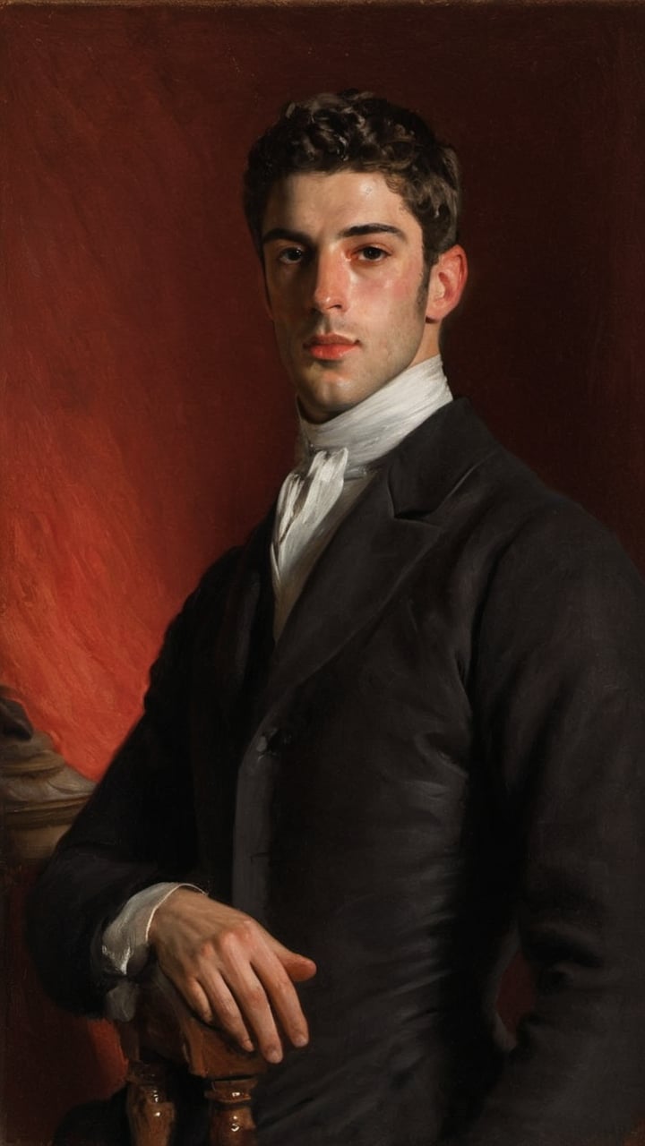 score_9, score_8_up, score_7_up, score_6_up, score_5_up, score_4_up, GQ, 8K image:

James Norton. an neoclassical painting portrait of a young Italian handsome man with a strong, confident demeanor. He has neatly styled dark hair that is slightly swept back, framing his angular face. His expression is serious yet approachable, with a hint of curiosity in his eyes. Regency era from the 19th Century. The image has harsh strokes on the old canvas imitating the paintings from that era.

He is dressed in a classic aristocrat formal outfit, featuring a tailored black coat that fits snugly across his shoulders and torso. Underneath, he wears a crisp white shirt with a high, structured collar that stands up prominently, giving the ensemble an air of sophistication. The collar is stark against the dark fabric of the coat and adds an element of elegance to his appearance.

The young man is positioned slightly to the side, with his head turned to face the viewer, showcasing a profile that highlights his sideburn, strong jawline and refined features. He rests one hand on the arm of a richly carved wooden chair, suggesting a relaxed confidence.

The background is a warm, muted red that contrasts with his dark clothing, drawing focus to his face and attire. The lighting is dark and harsh, subtly illuminating his features and casting harsh shadows that enhance the depth of the portrait.

Pay close attention to the details of his clothing, the expression in his eyes, and the overall classic elegance of the composition, capturing a moment of dignified presence and introspection.
Oil painting art by John Singer Sargent, Greg Rutkowski, or Wlop would bring this stunning image to life.