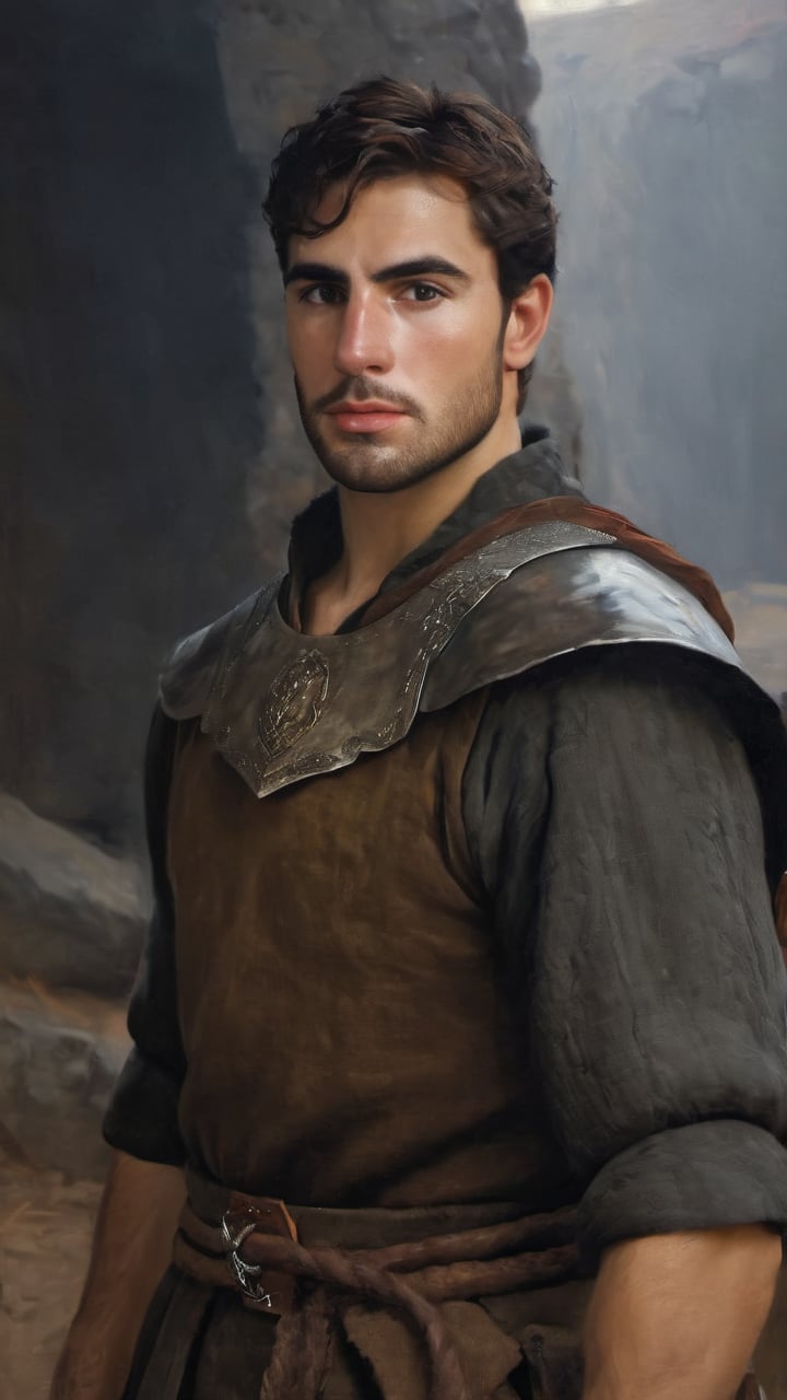 a burly young handsome hunter, blacksmith, farmer, huntsman, dark age, (((marlon teixera))), peasant, short brown hair, outdoors (forest), ethereal, shiny, youthful, dirty, caucasian, battle axe, facial hair, face scars, thick eyebrows, soft, mythology, medieval, fantasy, young, alpha male, battle axe, hot, masculine, manly, dark fantasy, 80s fantasy, high fantasy, rag clothes, rust metal armor, defined jawline, crooked nose, hot, hairy, medieval armor, art by wlop, handsome male, facing in front, portrait close-up, renaissance painting, game of thrones, skyrim, elder scrolls, GQ, breton, Imperial

8k, cinematic lighting, very dramatic, very artistic, soft aesthetic, innocent, art by john singer sargent, greg rutkowski, oil painting, Camera settings to capture such a vibrant and detailed image would likely include: Canon EOS 5D Mark IV, Lens: 85mm f/1.8, f/4.0, ISO 100, 1/500 sec,hdsrmr