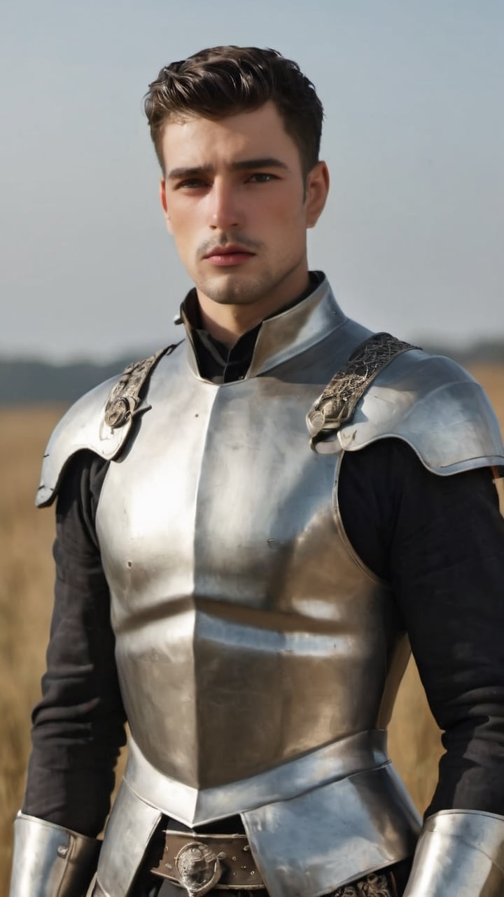 ((white knight)), a handsome man in a High Gothic silver metal plate armor in a beautiful ornemental, ((True Silver)), (((marlon teixera))), short black hair with bangs, outdoors (in a grassland filled with roses and ruins), ethereal, white aura, shiny, youthful, pale skin, thick eyebrows, soft, mythology, medieval, fantasy, young, alpha male, hot, masculine, manly, dark fantasy, 80s fantasy, high fantasy, white armor, defined jawline, crooked nose, hot, , medieval armor, art by wlop, handsome male, facing in front (portrait close-up), renaissance painting, hades armor

8k, cinematic lighting, very dramatic, very artistic, soft aesthetic, innocent, art by john singer sargent, greg rutkowski, oil painting, Camera settings to capture such a vibrant and detailed image would likely include: Canon EOS 5D Mark IV, Lens: 85mm f/1.8, f/4.0, ISO 100, 1/500 sec