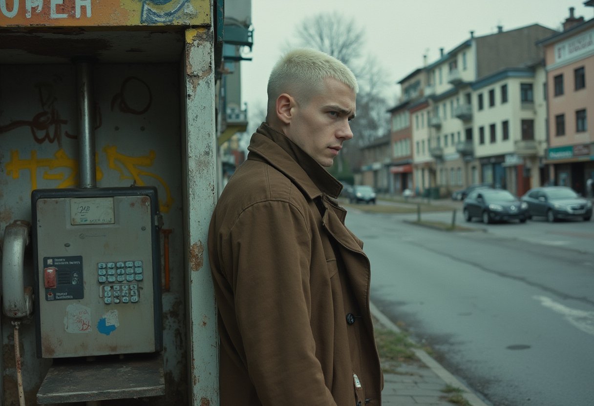 A cinematic film still of a young russian man with a shaved platinum blonde head, standing casually next to a dilapidated, graffiti-covered payphone booth on a gritty urban street. He wears a long, brown trench coat, reminiscent of classic noir films, creating an air of mystery and quiet intensity. The scene is shot in soft, moody lighting, with muted tones and a grainy, filmic quality that evokes a retro 90s aesthetic. In the background, cars are parked along the street, with worn storefronts visible, adding to the atmosphere of urban decay. The graffiti and old payphone enhance the sense of a dystopian, neglected cityscape, giving the shot a melancholic yet stylish, 2000s indie film feel. Hasselblad 503CW, pushed Tri-X film (ISO 1600), underexposed, high contrast development, with a 60mm wide-angle lens.