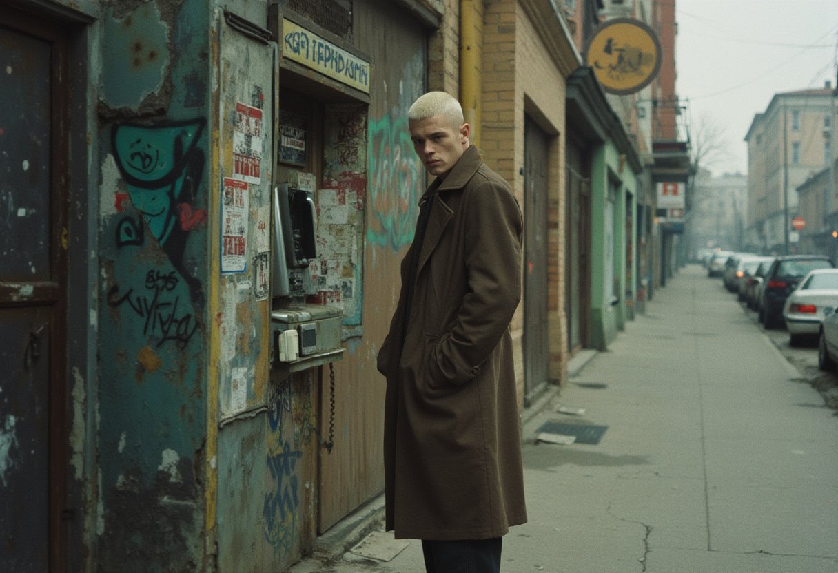 A cinematic film still of a young russian man with a shaved platinum blonde head, standing casually next to a dilapidated, graffiti-covered payphone booth on a gritty urban street. He wears a long, brown trench coat, reminiscent of classic noir films, creating an air of mystery and quiet intensity. The scene is shot in soft, moody lighting, with muted tones and a grainy, filmic quality that evokes a retro 90s aesthetic. In the background, cars are parked along the street, with worn storefronts visible, adding to the atmosphere of urban decay. The graffiti and old payphone enhance the sense of a dystopian, neglected cityscape, giving the shot a melancholic yet stylish, 2000s indie film feel. Hasselblad 503CW, pushed Tri-X film (ISO 1600), underexposed, high contrast development, with a 60mm wide-angle lens.