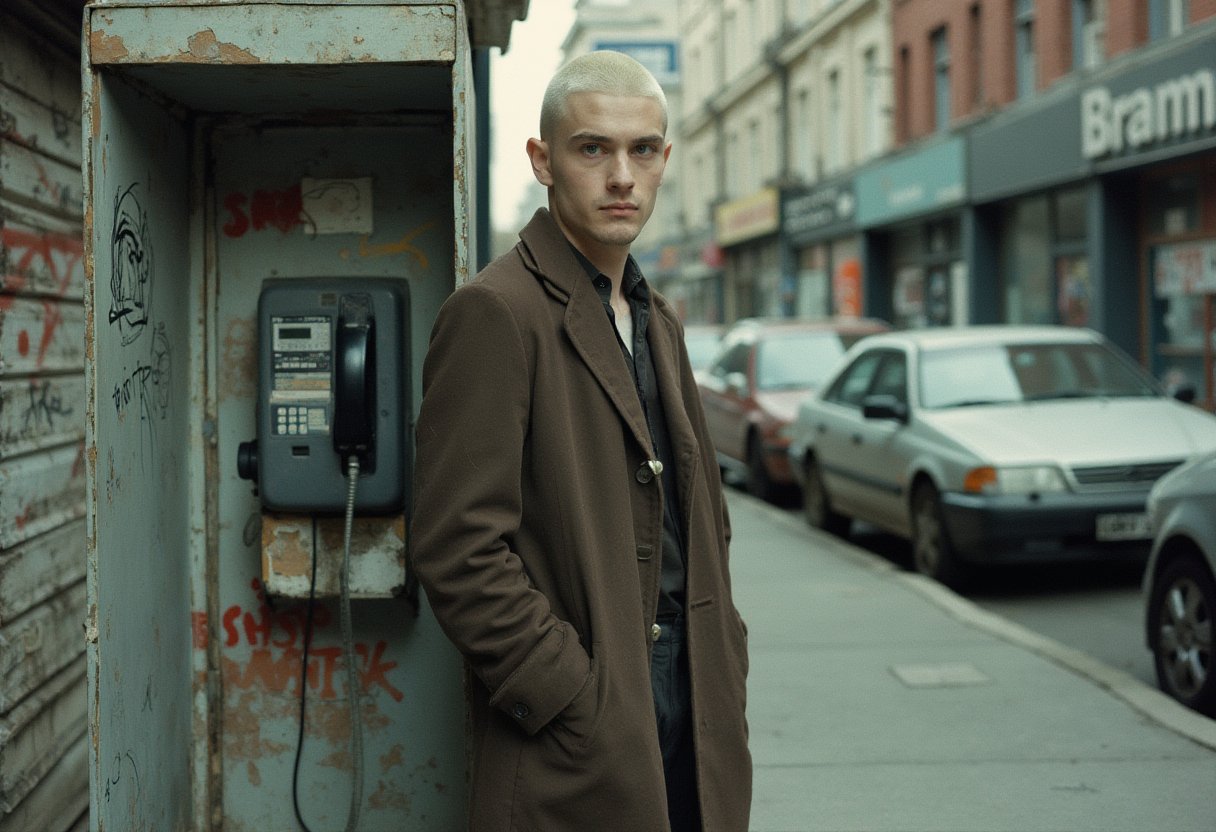 A cinematic film still of a young man with a shaved platinum blonde head, standing casually next to a dilapidated, graffiti-covered payphone booth on a gritty urban street. He wears a long, brown trench coat, reminiscent of classic noir films, creating an air of mystery and quiet intensity. The scene is shot in soft, moody lighting, with muted tones and a grainy, filmic quality that evokes a retro 90s aesthetic. In the background, cars are parked along the street, with worn storefronts visible, adding to the atmosphere of urban decay. The graffiti and old payphone enhance the sense of a dystopian, neglected cityscape, giving the shot a melancholic yet stylish, 2000s indie film feel. Hasselblad 503CW, pushed Tri-X film (ISO 1600), underexposed, high contrast development, with a 60mm wide-angle lens.