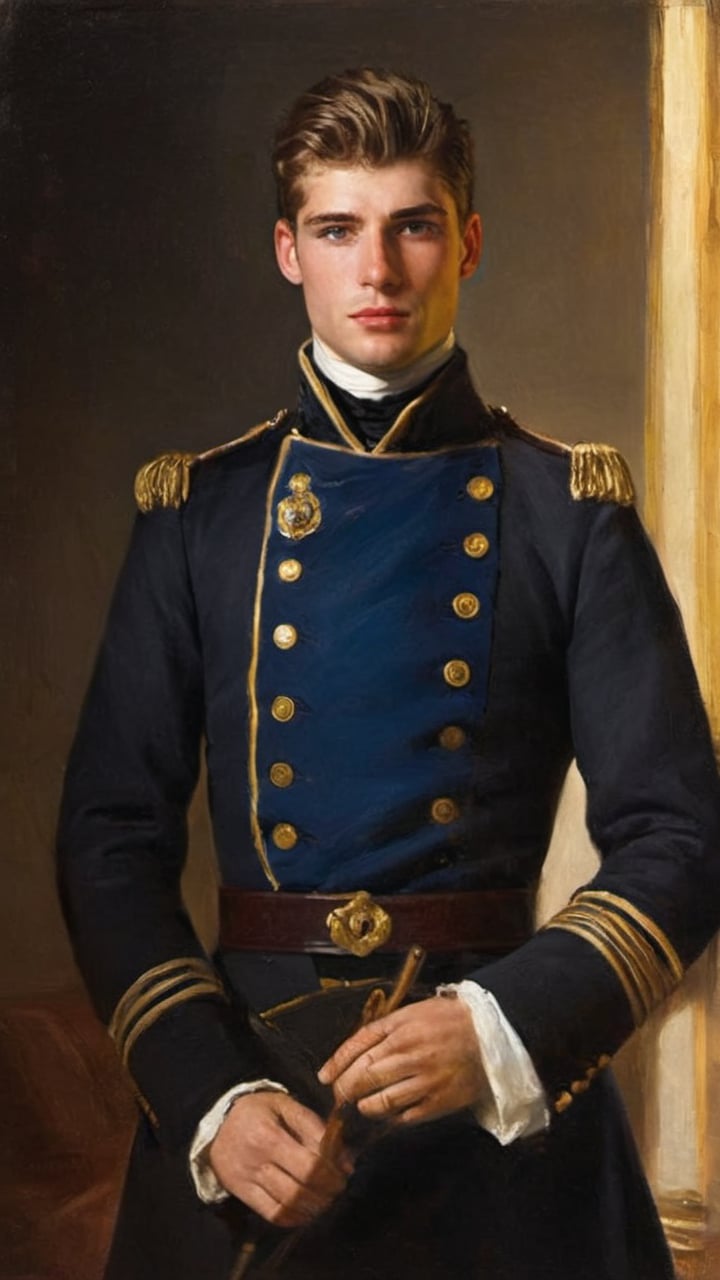 score_9, score_8_up, score_7_up, score_6_up, score_5_up, score_4_up, GQ, 8K image:

Max Verstappen, a majestic young prince from the Victorian Era, Rococo, and 1800s stands tall, his royal dark blue velvet regal style coat glistening in the soft light of an ethereal kingdom village. His handsome features are accentuated by cinematic lighting, with shadows defining his thick eyebrows, facial hair, and chest hair. His piercing gaze, framed by a defined jawline and crooked nose, radiates youthful energy, confidence, and lustful masculinity. At 16 years old, he exudes alpha male charm, as if ready to lead the Napoleonic War charge.

In this masterpiece of a portrait, he faces directly, his pale skin glowing with a subtle sheen. The camera captures every detail, from his shiny black hair to his royal commander attire, amidst an outdoor setting reminiscent of a Renaissance painting. The soft aesthetic and innocent charm evoke a sense of mythological fantasy, as if this young captain is destined for great deeds.

Art by John Singer Sargent, Greg Rutkowski, or Wlop would bring this stunning image to life, with camera settings mirroring those of a high-end oil painting: Canon EOS 5D Mark IV, Lens: 85mm f/1.8, f/4.0, ISO 100, and 1/500 sec.