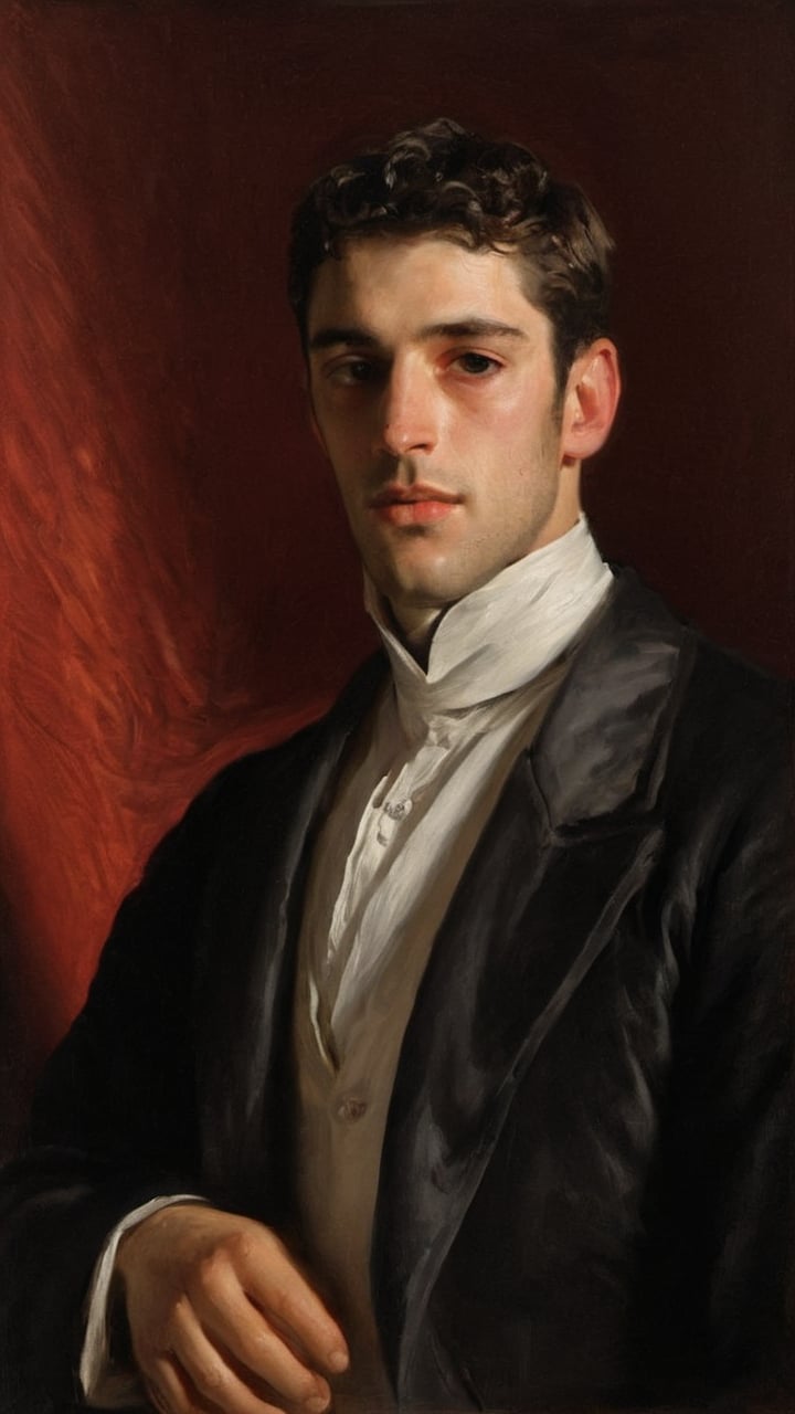 score_9, score_8_up, score_7_up, score_6_up, score_5_up, score_4_up, GQ, 8K image:

James Norton. an neoclassical painting portrait of a young Italian handsome man with a strong, confident demeanor. He has neatly styled dark hair that is slightly swept back, framing his angular face. His expression is serious yet approachable, with a hint of curiosity in his eyes. Regency era from the 19th Century. The image has harsh strokes on the old canvas imitating the paintings from that era.

He is dressed in a classic aristocrat formal outfit, featuring a tailored black coat that fits snugly across his shoulders and torso. Underneath, he wears a crisp white shirt with a high, structured collar that stands up prominently, giving the ensemble an air of sophistication. The collar is stark against the dark fabric of the coat and adds an element of elegance to his appearance.

The young man is positioned slightly to the side, with his head turned to face the viewer, showcasing a profile that highlights his sideburn, strong jawline and refined features. He rests one hand on the arm of a richly carved wooden chair, suggesting a relaxed confidence.

The background is a warm, muted red that contrasts with his dark clothing, drawing focus to his face and attire. The lighting is dark and harsh, subtly illuminating his features and casting harsh shadows that enhance the depth of the portrait.

Pay close attention to the details of his clothing, the expression in his eyes, and the overall classic elegance of the composition, capturing a moment of dignified presence and introspection.
Oil painting art by John Singer Sargent, Greg Rutkowski, or Wlop would bring this stunning image to life.