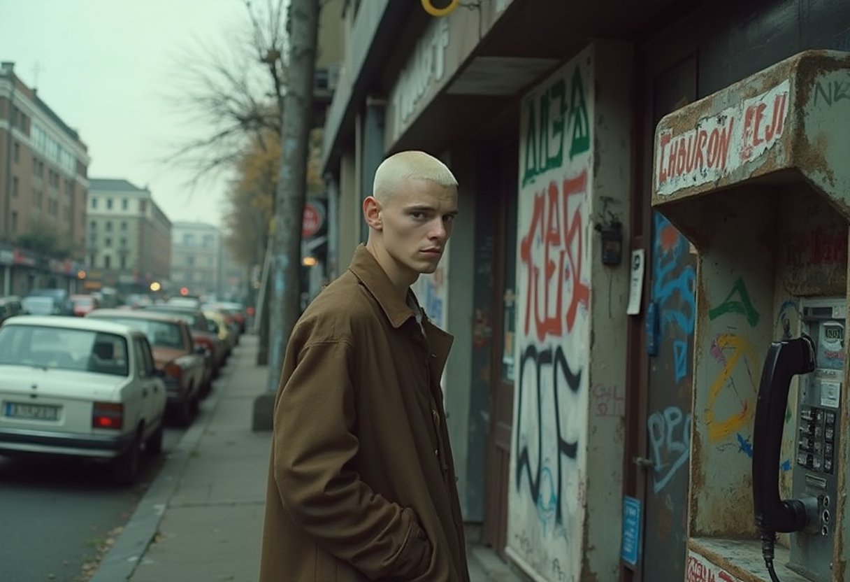 A cinematic film still of a young russian man with a shaved platinum blonde head, standing casually next to a dilapidated, graffiti-covered payphone booth on a gritty urban street. He wears a long, brown trench coat, reminiscent of classic noir films, creating an air of mystery and quiet intensity. The scene is shot in soft, moody lighting, with muted tones and a grainy, filmic quality that evokes a retro 90s aesthetic. In the background, cars are parked along the street, with worn storefronts visible, adding to the atmosphere of urban decay. The graffiti and old payphone enhance the sense of a dystopian, neglected cityscape, giving the shot a melancholic yet stylish, 2000s indie film feel. Hasselblad 503CW, pushed Tri-X film (ISO 1600), underexposed, high contrast development, with a 60mm wide-angle lens.