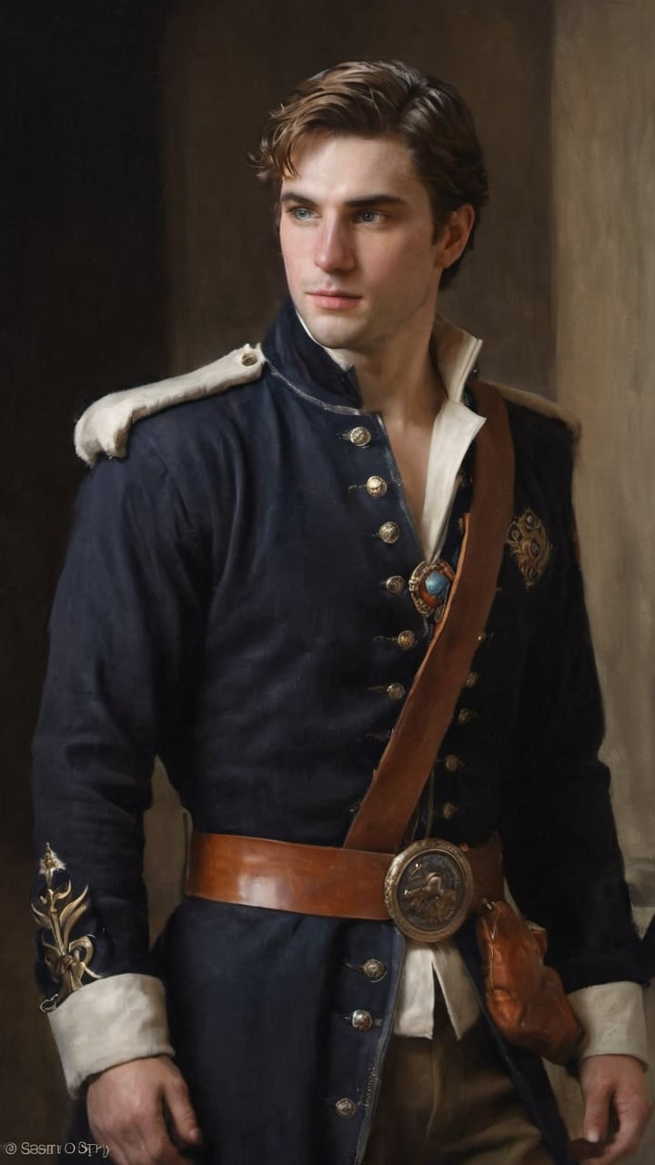 a young handsome prince wearing military royal outfit with armor, wearing a jeweled crown, ((sean o pry)), outdoors (dark age, war setting, kingdom village), medieval hero, regal style coat, (royal commander attire:0.4), royalty, victorean era, ethereal, manly, hairy, chest hair, youthful, stubble, 18 years old, envious, shiny, heroic, pale skin, defined jawline, crooked nose, hot, captain, lustful, masculine, mythology, medieval, fantasy, young, alpha male, handsome male, high fantasy, art by wlop, facing in front (portrait close-up), renaissance painting, masterpiece

8k, cinematic lighting, very dramatic, very artistic, soft aesthetic, innocent, art by john singer sargent, greg rutkowski, oil painting, Camera settings to capture such a vibrant and detailed image would likely include: Canon EOS 5D Mark IV, Lens: 85mm f/1.8, f/4.0, ISO 100, 1/500 sec