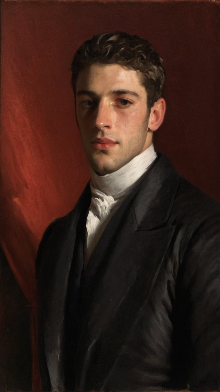 score_9, score_8_up, score_7_up, score_6_up, score_5_up, score_4_up, GQ, 8K image:

James Norton. an neoclassical painting portrait of a young Italian handsome man with a strong, confident demeanor. He has neatly styled dark hair that is slightly swept back, framing his angular face. His expression is serious yet approachable, with a hint of curiosity in his eyes. Regency era from the 19th Century. The image has harsh strokes on the old canvas imitating the paintings from that era.

He is dressed in a classic aristocrat formal outfit, featuring a tailored black coat that fits snugly across his shoulders and torso. Underneath, he wears a crisp white shirt with a high, structured collar that stands up prominently, giving the ensemble an air of sophistication. The collar is stark against the dark fabric of the coat and adds an element of elegance to his appearance.

The young man is positioned slightly to the side, with his head turned to face the viewer, showcasing a profile that highlights his sideburn, strong jawline and refined features. He rests one hand on the arm of a richly carved wooden chair, suggesting a relaxed confidence.

The background is a warm, muted red that contrasts with his dark clothing, drawing focus to his face and attire. The lighting is dark and harsh, subtly illuminating his features and casting harsh shadows that enhance the depth of the portrait.

Pay close attention to the details of his clothing, the expression in his eyes, and the overall classic elegance of the composition, capturing a moment of dignified presence and introspection.
Oil painting art by John Singer Sargent, Greg Rutkowski, or Wlop would bring this stunning image to life.