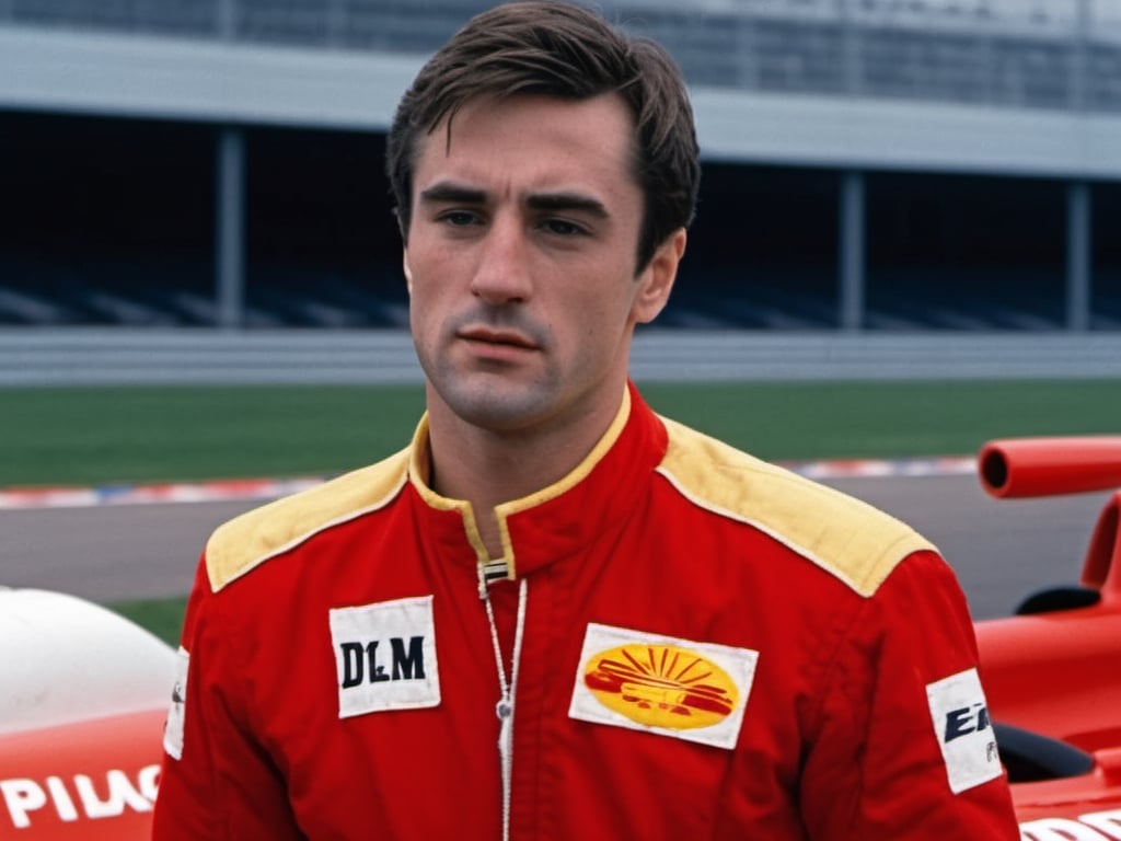 hot young adult man, 20 years old, dilf, burly, stubble, outdoor, hairy, incel, mutton chops, handsome, short hair, sex offender, wolf eyes, thick eyebrows, Travis Bickle, Charles Leclerc, handsome, sideburns, 1970s (style), wearing red yellow F1 racing uniform, branded nomex suit, scruffy face, open-wheel single-seater formula racing cars

8k, cinematic lighting, very dramatic, very artistic, soft aesthetic, innocent, realistic, masterpiece, Camera settings to capture such a vibrant and detailed image would likely include Canon EOS 5D Mark IV, Lens 85mm f/1.8, f/4.0, ISO 100, 1/500 sec,hdsrmr, cinema verite, film still, ((perfect anatomy): 1.5), best resolution, maximum quality, UHD, life with detail, analog, cinematic moviemaker style, AnalogRedmAF,analog,AnalogRedmAF,robert de niro,Movie Still