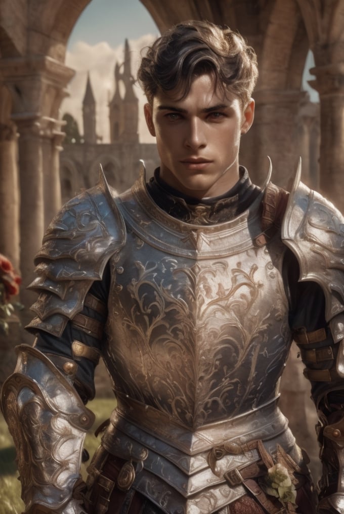 white knight: a handsome man in a High Gothic silver metal plate armor in a beautiful ornemental, ethereal, holy, shiny, youthful, pale skin, short pitch black hair, thick eyebrows, soft, mythology, medieval, fantasy, young, alpha male, hot, masculine, manly, dark fantasy, 80s fantasy, high fantasy, white armor, defined jawline, crooked nose, hot, outdoors (in a grassland filled with roses and ruins), medieval armor, art by wlop, handsome male, facing in front (portrait close-up), renaissance painting, realistic, photorealistic, 8k, cinematic lighting, hades armor, very dramatic, European man, soft aesthetic, innocent