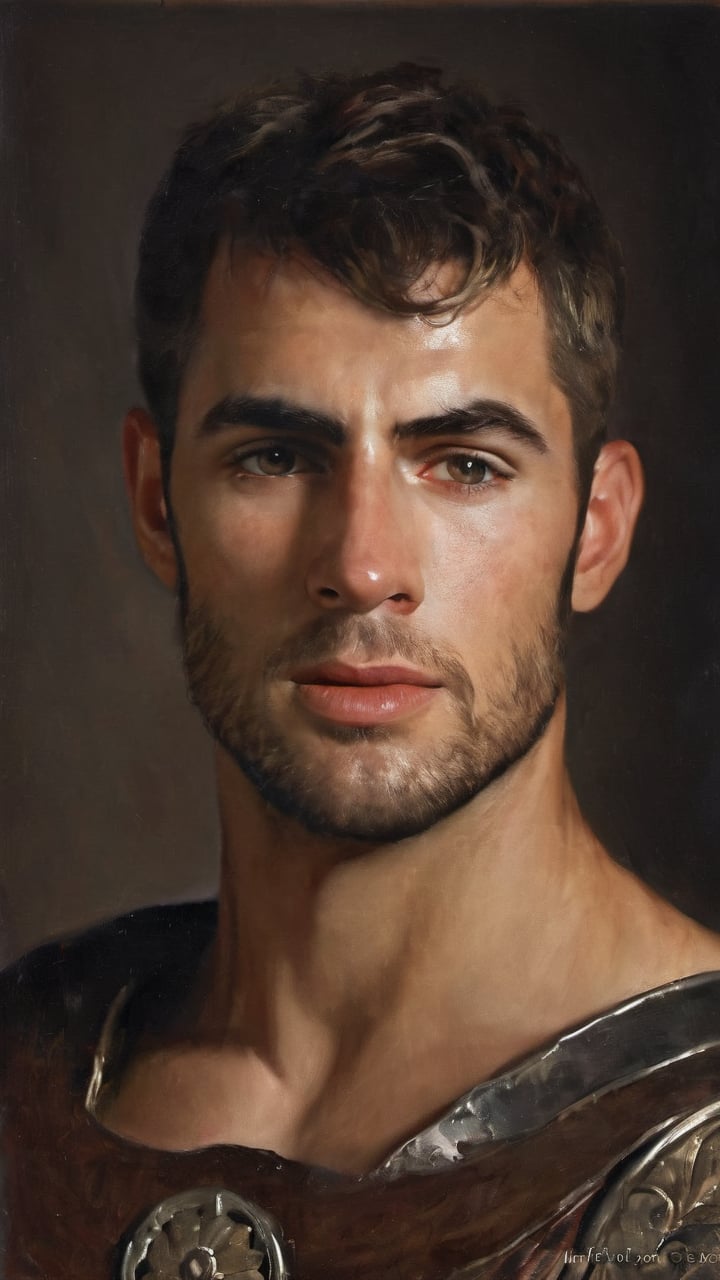 a burly young handsome hunter, blacksmith, farmer, huntsman, dark age, (((marlon teixera))), peasant, short brown hair, outdoors (forest), ethereal, shiny, youthful, dirty, caucasian, battle axe, facial hair, face scars, thick eyebrows, soft, mythology, medieval, fantasy, young, alpha male, battle axe, hot, masculine, manly, dark fantasy, 80s fantasy, high fantasy, rag clothes, rust metal armor, defined jawline, crooked nose, hot, hairy, medieval armor, art by wlop, handsome male, facing in front, portrait close-up, renaissance painting, game of thrones, skyrim, elder scrolls, GQ, breton, Imperial

8k, cinematic lighting, very dramatic, very artistic, soft aesthetic, innocent, art by john singer sargent, greg rutkowski, oil painting, Camera settings to capture such a vibrant and detailed image would likely include: Canon EOS 5D Mark IV, Lens: 85mm f/1.8, f/4.0, ISO 100, 1/500 sec,hdsrmr