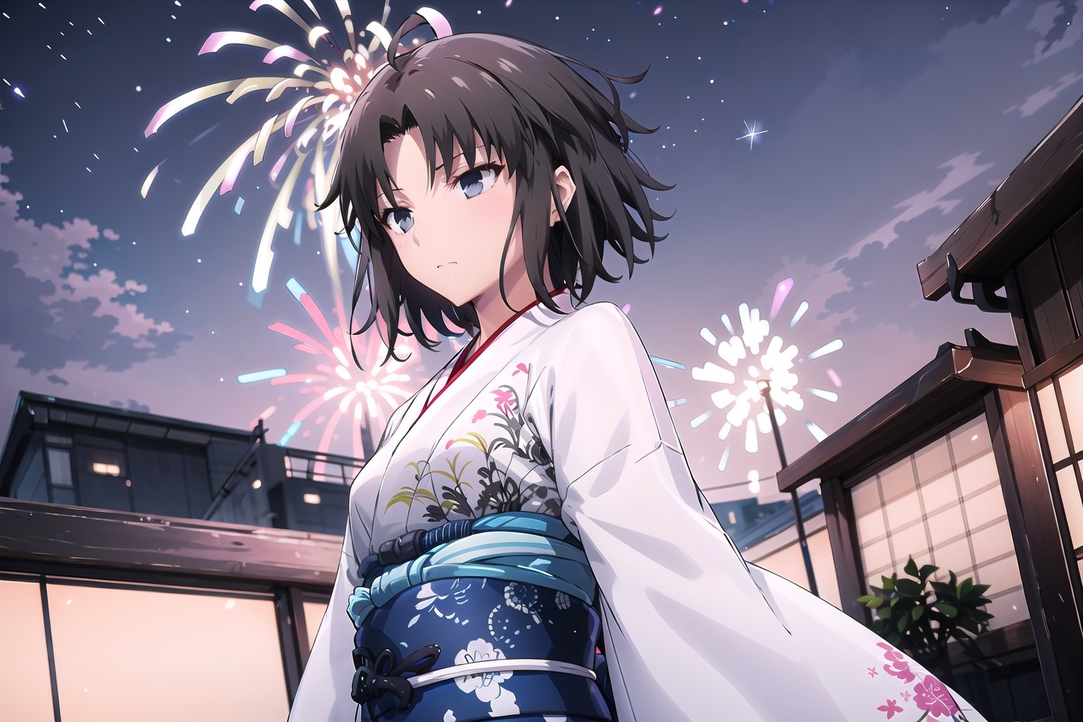 ryougi shiki, kara no kyoukai, masterpiece, best quality, highres, hmshiki, medium hair, ahoge, gray eyes, best quality, white kimono, new years, fireworks, night sky, sad, from side, left right, looking down,perfect