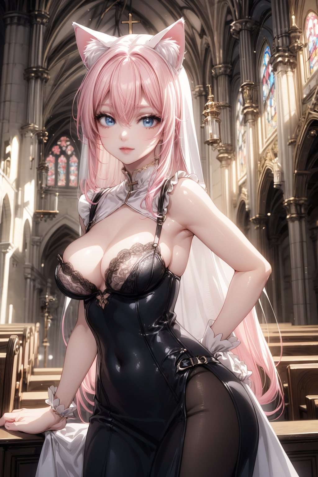 1. “Pretty female character, cat ears, pink hair, blue eyes, seductive expression”
2. “Sexy nun, black dress, church background, gothic style”
3. “Cat ear girl, sexy lingerie, graceful pose, indoor scene”
4. “Fantastic artwork, high resolution, detailed background, light effects”
5. “Cute anime character, attractive pose, church interior”
6. “Sexy cat ear nun, fantasy style, detailed depiction”
7. “Pink haired female character, cat ears, gothic style dress”
8. “Female character posing in church, detailed background, bright light”
9. “Cat ears and nun costume, sexy seductive expression, detailed outfit”
10. “Beautiful anime character, sexy style, cat ears, church background”