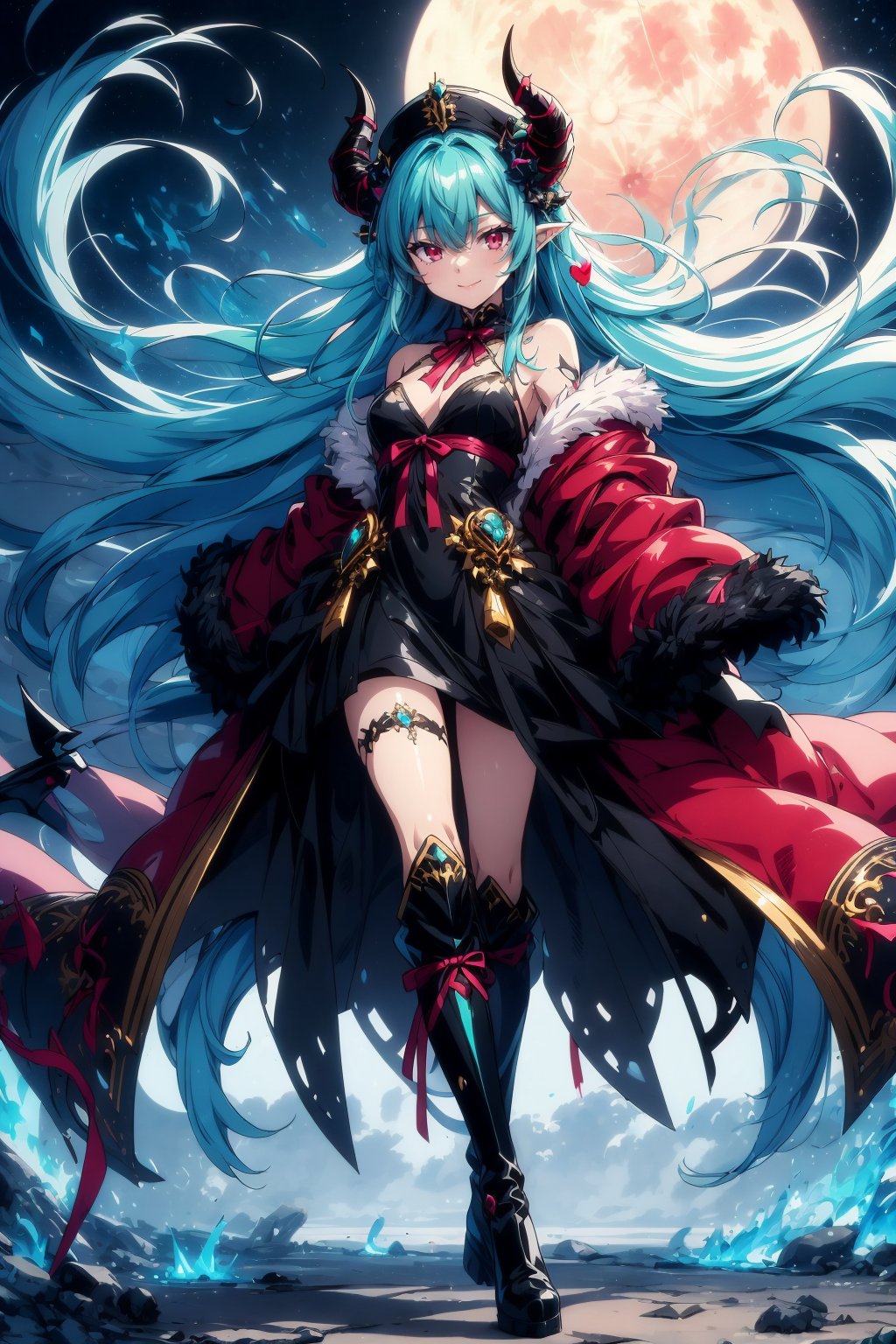 One girl, solo, long hair, staring at viewer, red eyes, gloves, hat, full body, white hair, boots, black gloves, coat, fur trim, night, white hat, white footwear, knee boots, white coat, fur trimmed coat, Aurora "Dynamic anime-style illustration of a fantasy female character with long flowing turquoise hair and a large red ribbon. She has black horns on her head, pink eyes and wears a detailed black and gold revealing outfit. The character poses with a confident smile in mid-air under a full moon. The background features lights of the night sky, creating a mysterious atmosphere."

"Detailed anime character design of a mischievous devil girl. She has long green hair tied with a red ribbon and black horns. She wears a black and white outfit with gold accents and is adorned with heart-shaped jewelry. The scene shows the character floating under a bright full moon, her expression playful and seductive."

"Fantasy girl with vibrant turquoise hair and black horns Anime-style illustration of a geeky demon girl. She wears a gothic outfit with red and gold details and has large red breasts. Lit by a night sky and full moon in the background. The character's eyes glow pink and she has a confident, teasing expression. "

"Fantasy-style anime illustration of a cute demon girl with long, flowing green hair tied in a red ribbon and adorned with black horns. She wears a revealing, elaborate black and white outfit with gold details and heart-shaped accessories. The character is depicted under a glowing full moon and has a playful, slightly mischievous expression."

"Anime character artwork of a seductive demon girl floating in the night sky. She has long turquoise hair, a large red ribbon and small black horns. She wears a revealing outfit with black, white and gold elements and holds a mysterious red box. Behind her the full moon shines brightly, casting a fantastical glow. The character's eyes glow pink and she has a playful wink.