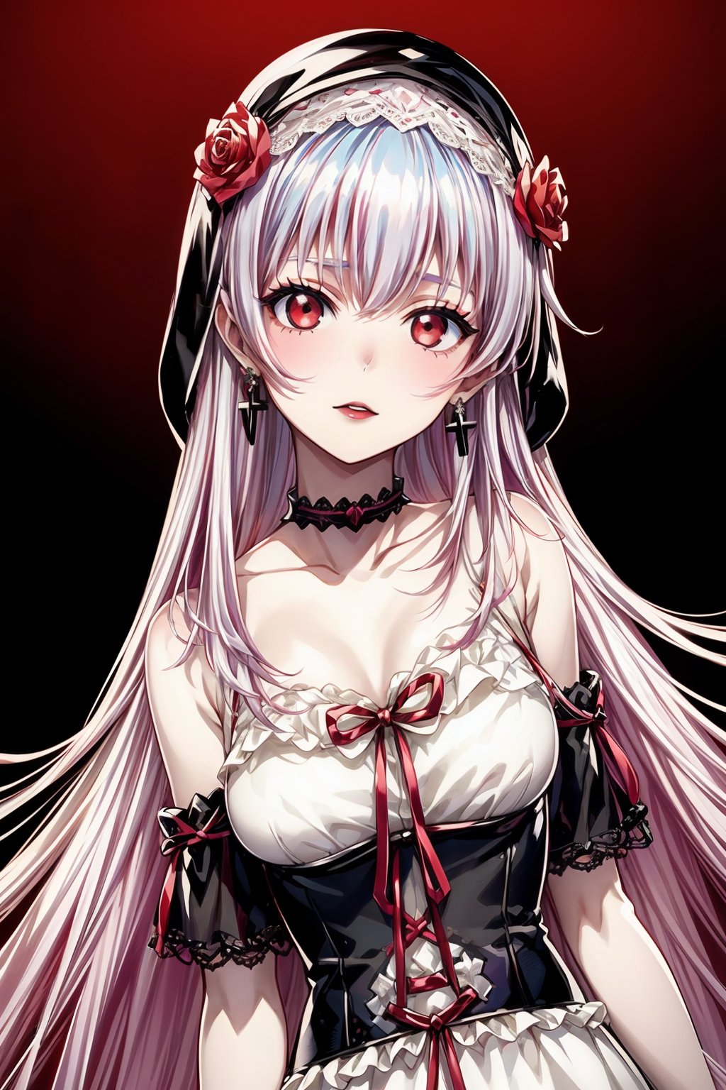 1girl, solo, long hair, breasts, looking at viewer, bangs, hair ornament, red eyes, dress, jewelry, sitting, blue hair, collarbone, upper body, flower, red hair, multicolored hair, earrings, choker, hair flower, hood, necklace, two-tone hair, makeup, swept bangs, rose, cross, lipstick, red flower, pale skin, lace, corset, eyeshadow, hood up, lolita fashion, gothic lolita, black flower, gothic, black lips, black rose