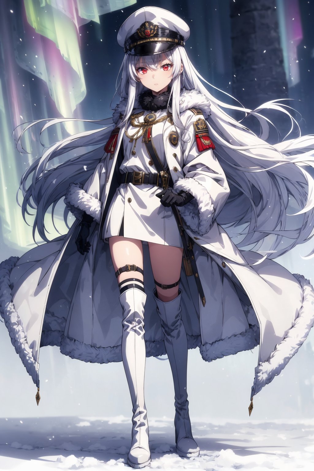 1 girl, solo, long hair, looking at viewer, red eyes, gloves, hat, full body, white hair, boots, black gloves, coat, fur trim, night, white hat, white footwear, knee boots, white minicoat, revealing military uniform, fur trimmed coat, medal, Aurora