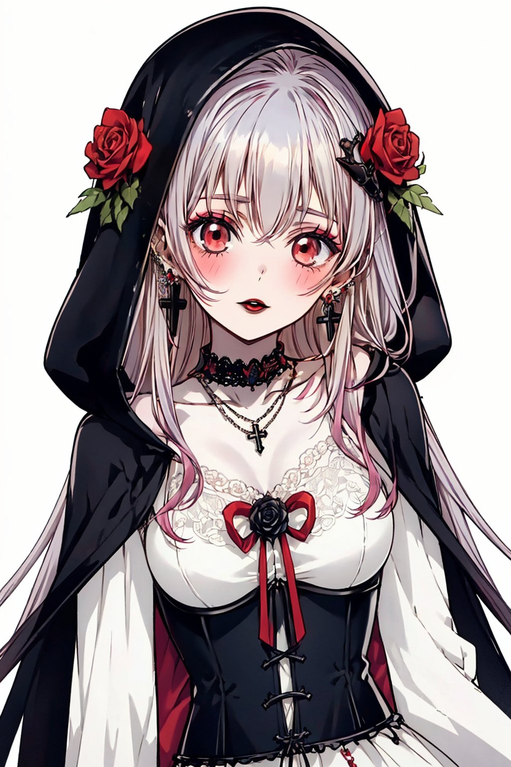 1girl, solo, long hair, breasts, looking at viewer, bangs, hair ornament, red eyes, dress, jewelry, sitting, blue hair, collarbone, upper body, flower, red hair, multicolored hair, earrings, choker, hair flower, hood, necklace, two-tone hair, makeup, swept bangs, rose, cross, lipstick, red flower, pale skin, lace, corset, eyeshadow, hood up, lolita fashion, gothic lolita, black flower, gothic, black lips, black rose