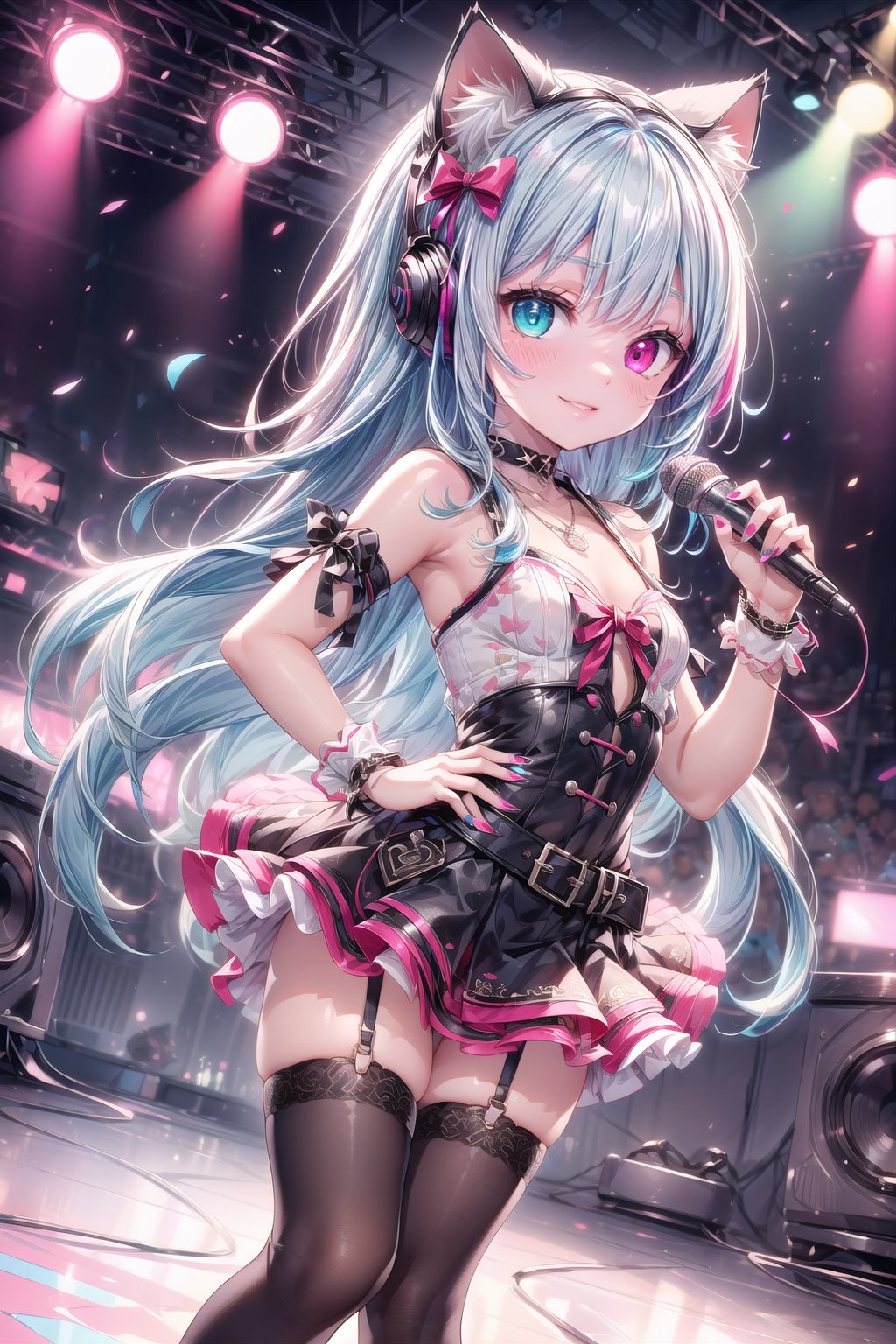 rock idol stage, chest, staring at viewer, blushing, best smile, ((random bangs)), fine eyes, heterochromia iridum, knee socks, dress, mini skirt, ribbon, animal ears, bare shoulders, medium chest, arm straps, standing, (variegated hair), necklace, hair ribbon, ((thin thighs)), wide stage, (((neon hair color))), colorful hair, (microphone 🎙️, holding microphone in left hand), belt, ((please make sure to change pose)), spreading lips, revealing clothes, sleeveless, colorful knee socks, virtual youtuber, cat ears, headphones, raising hands, choker, ((change hairstyle)), underarms, nail polish, ((alternate between idol alternative costume and y2k punk costume)), garter belt, military dress, two-tone hair, ((zettai ryouiki)), animal ear hair, wrist cuffs, short dress, extra ears, colored inner hair , center of live stage, performance, light spot, wide stage, broadcast camera, ((various angles shot by professional cameraman)): change of pose, shooting the subject from various angles