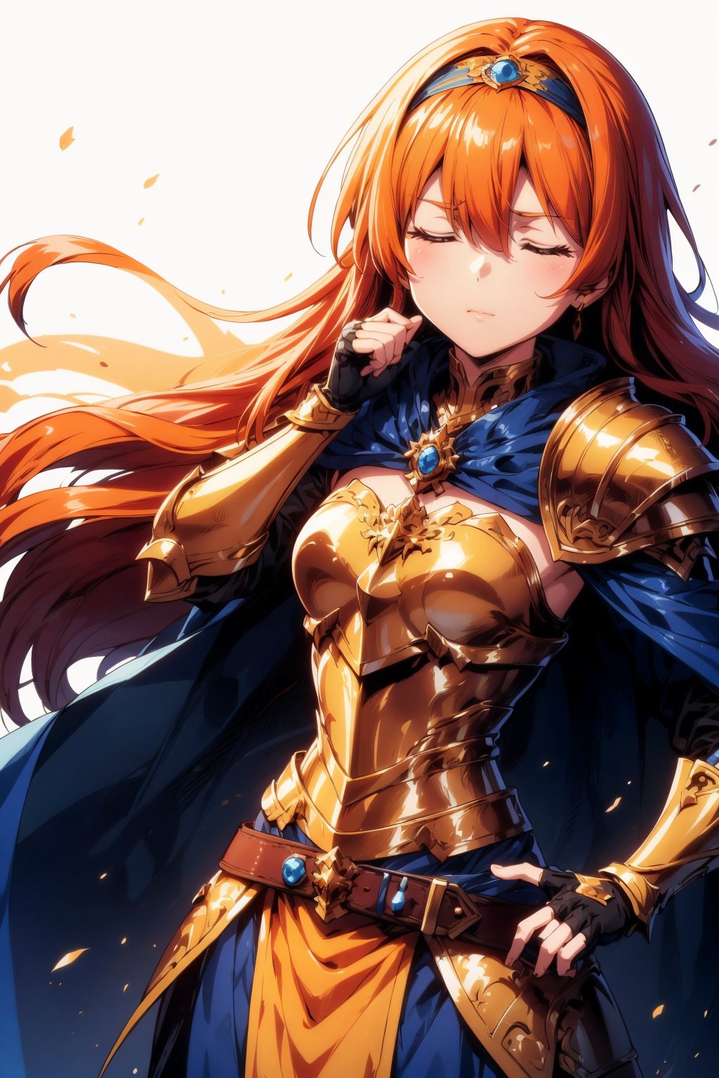 1girl, solo, long hair, brown hair, gloves, closed eyes, belt, fingerless gloves, cape, orange hair, armor, headband, shoulder armor, magic, lina inverse