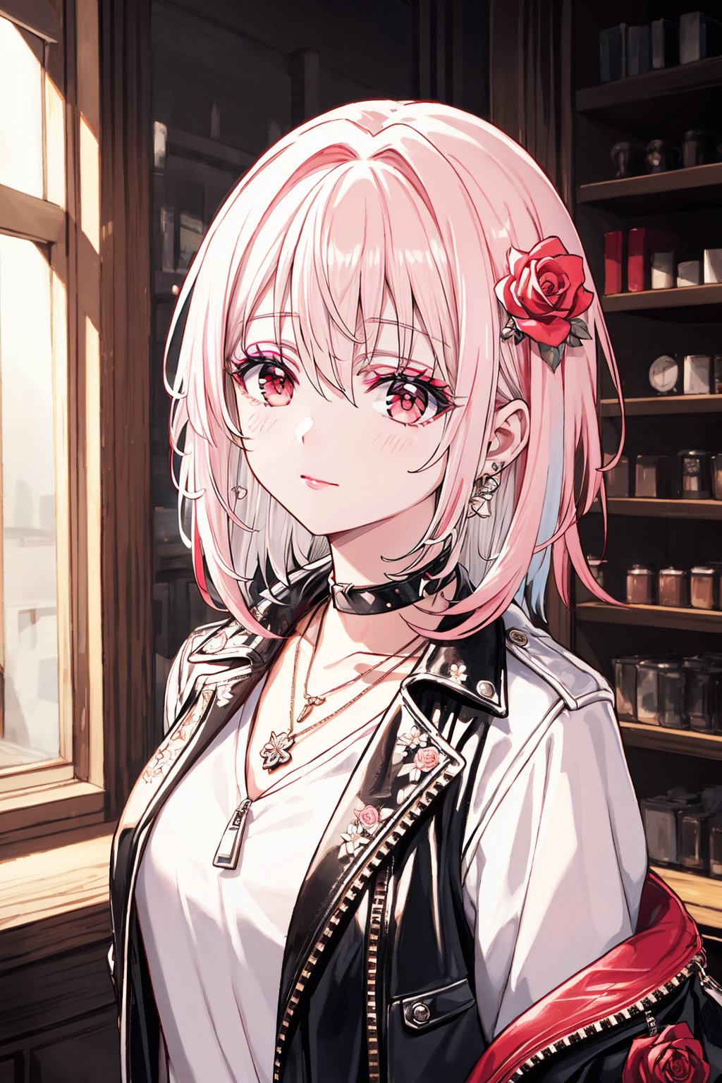 1girl, solo, long hair, looking at viewer, bangs, shirt, hair ornament, red eyes, jewelry, closed mouth, jacket, white shirt, upper body, pink hair, flower, white hair, multicolored hair, earrings, open clothes, choker, hair flower, medium hair, necklace, open jacket, black jacket, makeup, rose, red flower, zipper, red rose, red lips, leather, leather jacket