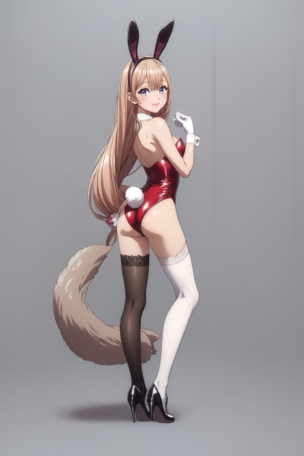 1 girl, solo, long hair, chest, long hair, looking at viewer, smiling, simple background, purple eyes, knee socks, gloves, white background, dress, animal ears, standing, tail, full body, buttocks, looking back, white gloves, from behind, black footwear, bunny ears, high heels, white knee socks, leotard, wrist cuffs, strapless, fake animal ears, playboy bunny, embroidery, red leotard, bunny tail, Erika Amano,