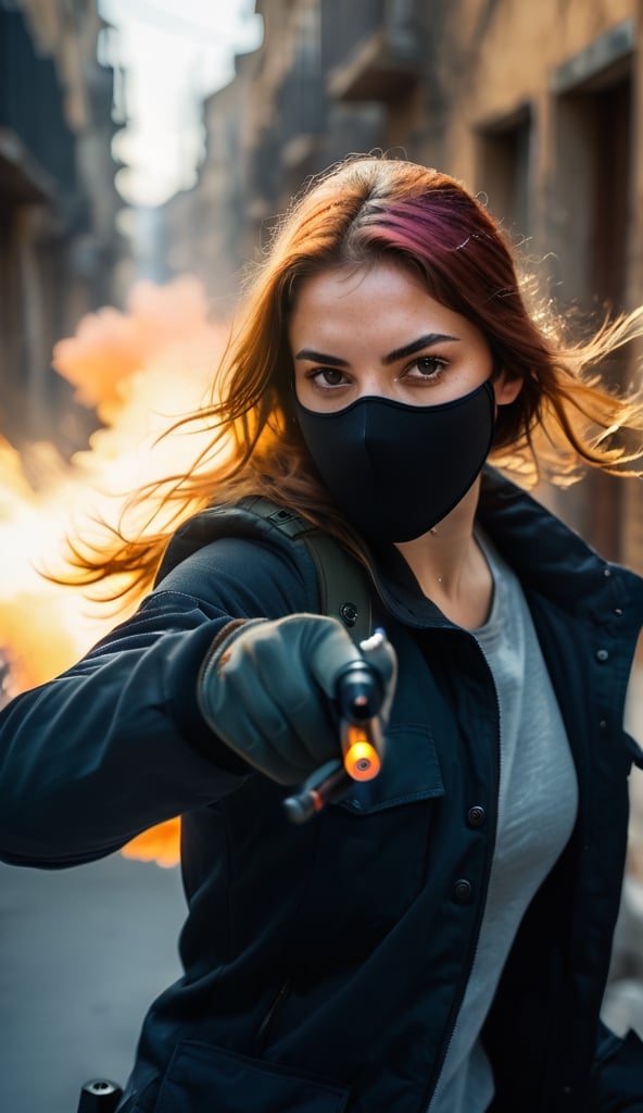 a confdent young female militant (action pose of throwing a Molotovcocktail) in a war_zone, wearing a ski_mask
,god_rays, angry expression, real shadows,  (peach fuzz skin: 0.9 ), photorealistic, detailed shadows and highlights, masterpiece,  (film grain), (highly detailed skin textures), intricate detailed, depth of field, bokeh, highly detailed, ( freckles: 0.2), (beauty marks: 0.2), (pores: 0.3), (real hair: 1.2) High dynamic range, vivid rich details, clear shadows and highlights, intense, enhanced contrast, blurred light background 