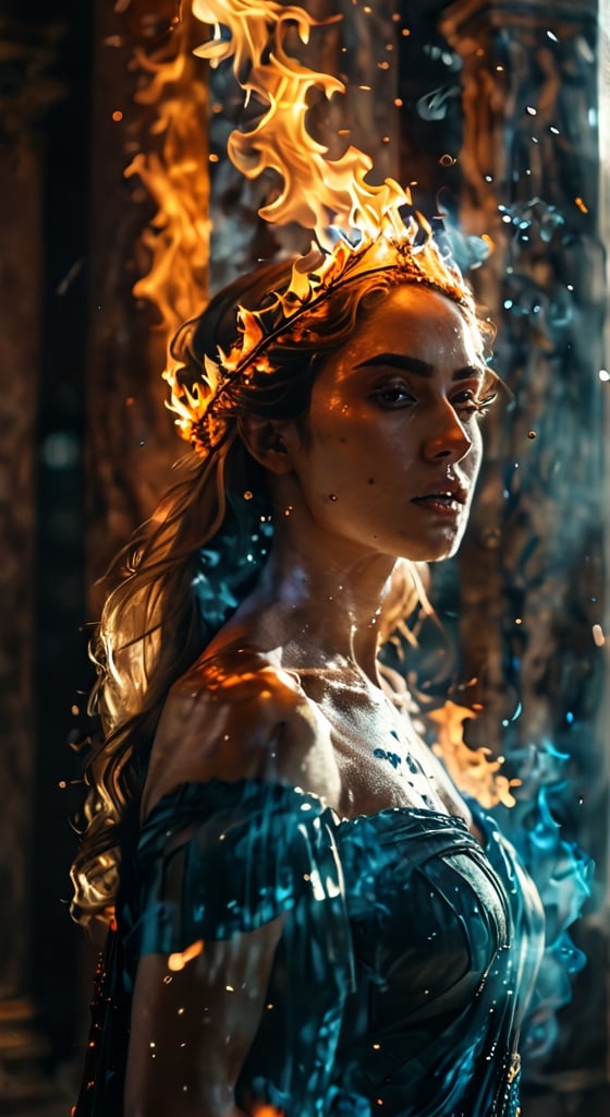 through a heavy pillar of billowing glass and fire emerges a goddess from hell, dynamic range, vivid, rich details, clear shadows and highlights, realistic, intense, enhanced contrast, highly detailed, cinematic film LUT, bokeh, photo realistic,  depth of field, film grain,