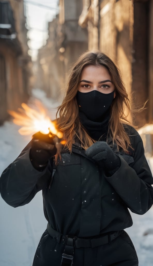 a confdent young female militant (action pose of throwing a Molotovcocktail) in a war_zone, wearing a ski_mask
,god_rays, angry expression, real shadows,  (peach fuzz skin: 0.9 ), photorealistic, detailed shadows and highlights, masterpiece,  (film grain), (highly detailed skin textures), intricate detailed, depth of field, bokeh, highly detailed, ( freckles: 0.2), (beauty marks: 0.2), (pores: 0.3), (real hair: 1.2) High dynamic range, vivid rich details, clear shadows and highlights, intense, enhanced contrast, blurred light background 