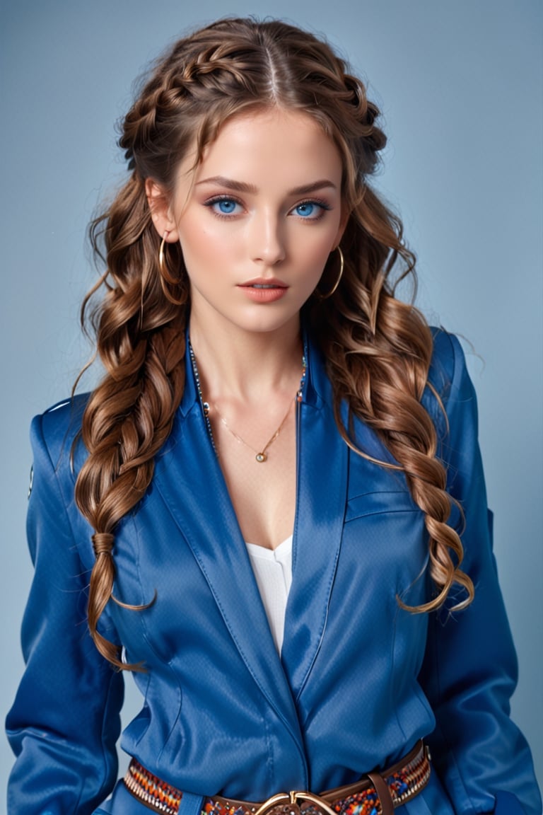 Generate hyper realistic image of a woman with long, flowing brown curly hair, her piercing blue eyes locked onto the viewer with intensity. She stands confidently, wearing a stylish blue jacket with long sleeves, complemented by a braided belt and matching pants. Adorned with subtle makeup and nail polish, she exudes an air of sophistication, with hoop earrings framing her face.