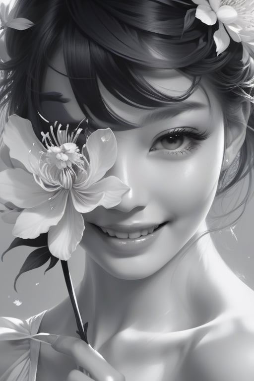 potrait of beautiful girl with beautiful smile holding a flower, higly detailed, trending on artstation, digital art, by stanley artgerm lau, wlop, rossdraws, james jean, andrei riabovitchev, marc simonetti, yoshitaka amano