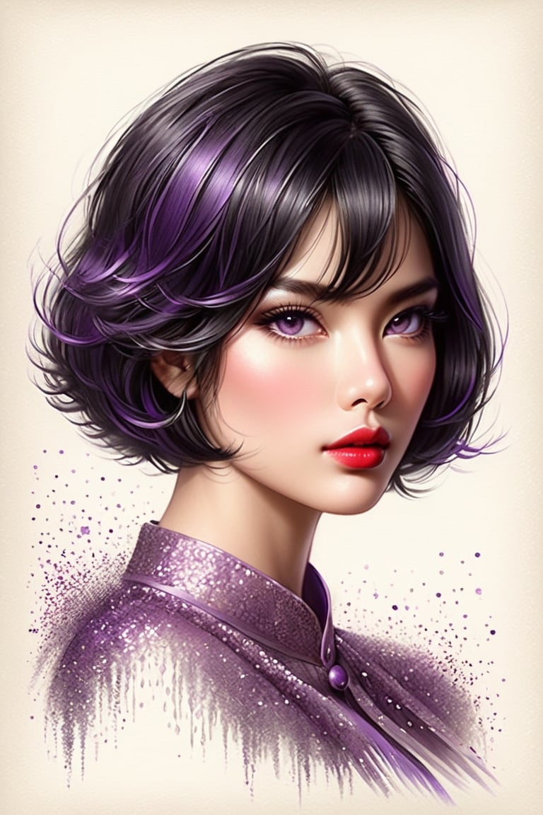 pencil Sketch of a beautiful  asian woman 30 years , elegant,  top model
short  hair ,  bob cut hair, black hair, small eyes ,  alluring, portrait by Igor Kazarin, ink drawing, illustrative art, soft lighting, detailed, more Flowing rhythm, super elegant, low contrast, add soft blur with thin line, full  red lips, purple eyes ,  little neus,   purple blouse  .,glitter,shiny