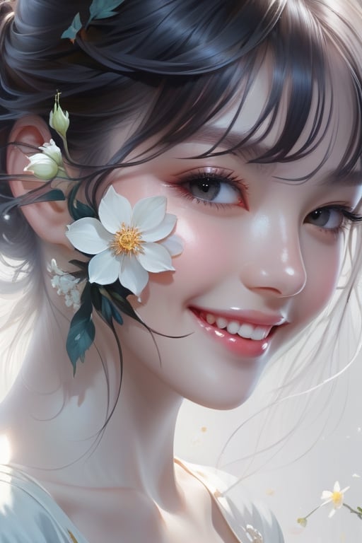 potrait of beautiful girl with beautiful smile holding a flower, higly detailed, trending on artstation, digital art, by stanley artgerm lau, wlop, rossdraws, james jean, andrei riabovitchev, marc simonetti, yoshitaka amano