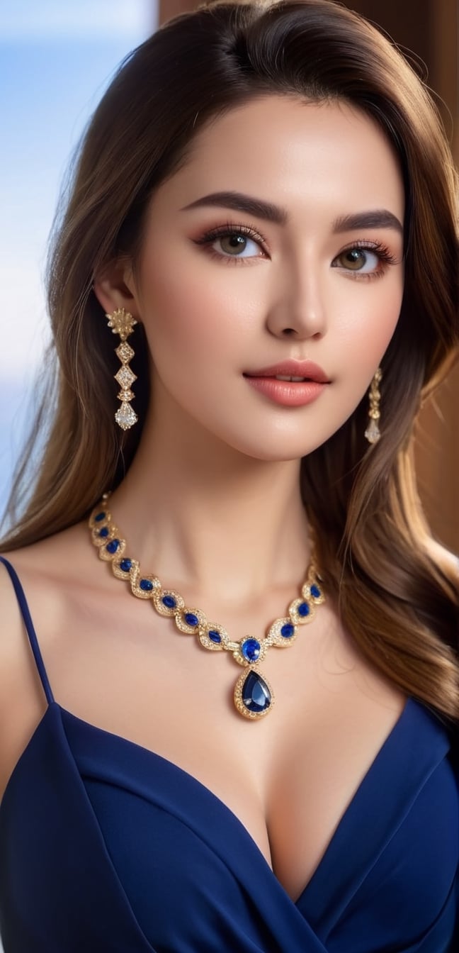 Full body ,4k,best quality,masterpiece,1 Greek girl, a girl,blond hair, A photography of jewelry advertising photography, in which a Greek girl adorned with a necklace. She is wearing an elegant [train|gown] accentuating her perfect model body and busty breasts. The appearance is based on a 17-years-old ethereal breathtakingly beautiful greek idol, with an ethereal beautiful face having v-shaped jawline, bright eyes, almond-shaped eyes, porcelain skin tone and translucent skin texture, black long hair cascading down to her chest. Youthful face elevates her beauty to the beyond words level. With the center of the necklace is an egg-size sapphire set off with diamond, the necklace is made of gol designed in rococo style, and it is a gift from an extremely wealthy royal family. hyperrealistic, award-winning photography, raw photo, fujifilm velvia, vogue cover., smile,(oil shiny skin:1.0), (big_boobs:2.5), willowy, chiseled, (hunky:2.6),(( body rotation 120 degree)), (perfect anatomy, prefecthand, dress, long fingers, 4 fingers, 1 thumb), 9 head body lenth, dynamic sexy pose, breast apart, (artistic pose of awoman),(PnMakeEnh),Extremely Realistic,photo_b00ster