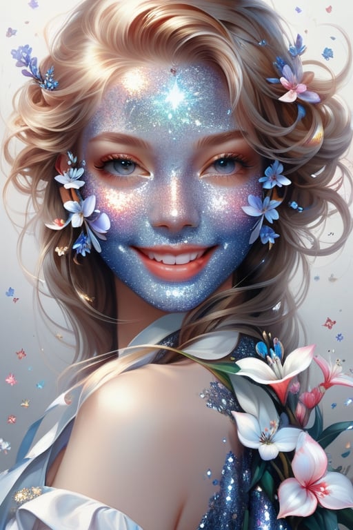 colourfull potrait of beautiful girl with beautiful smile holding a flower, higly detailed, trending on artstation, digital art, by stanley artgerm lau, wlop, rossdraws, james jean, andrei riabovitchev, marc simonetti, yoshitaka amano,glitter