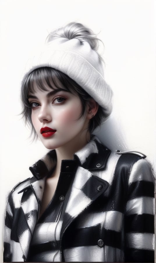 High quality 8k, pencil Sketch of a beautiful girl 25 years old with silver short hair, messy hair, red lipstic, black eyes, alluring, portrait by Charles Miano, pastel drawing, illustrative art, soft lighting, detailed, more Flowing rhythm, elegant, low contrast, add soft blur with thin line, yellow clothes.,DonMW15pXL,BugCraft