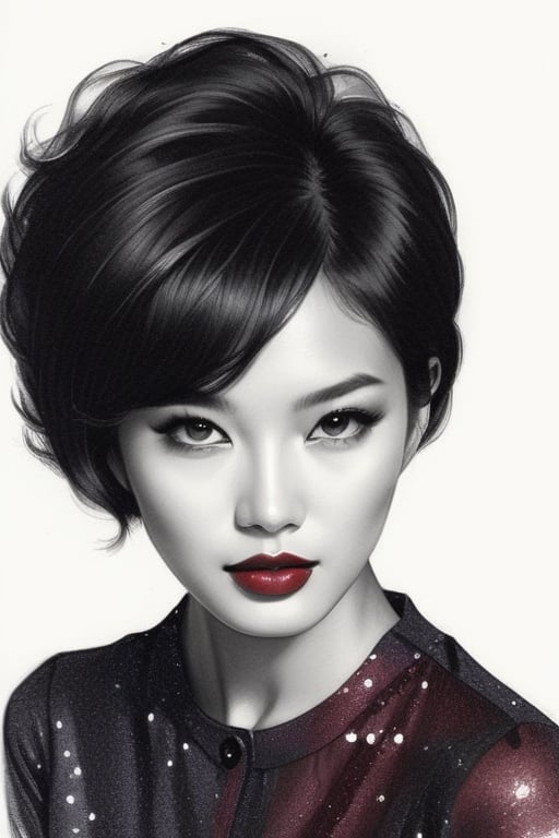 pencil Sketch of a beautiful asian woman 20 years old, elegant, top model short waivy hair , bob cut hair, black hair, small eyes , alluring, portrait by Igor Kazarin, ink drawing, illustrative art, soft lighting, detailed, more Flowing rhythm, super elegant, low contrast, add soft blur with thin line, full red lips, braun eyes , little neus, purple blouse .,glitter