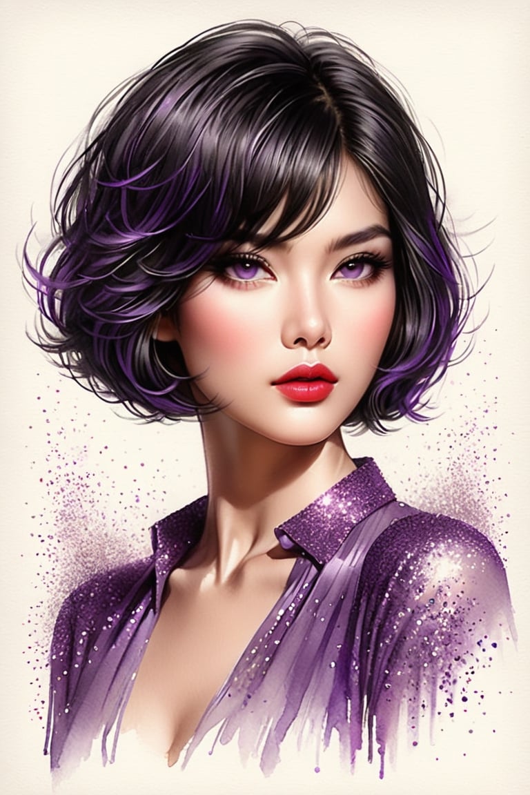 pencil Sketch of a beautiful  asian woman 30 years , elegant,  top model
short  hair ,  bob cut hair, black hair, small eyes ,  alluring, portrait by Igor Kazarin, ink drawing, illustrative art, soft lighting, detailed, more Flowing rhythm, super elegant, low contrast, add soft blur with thin line, full  red lips, purple eyes ,  little neus,   purple blouse  .,glitter,shiny