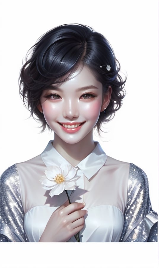  potrait of beautiful girl with beautiful smile holding a flower, higly detailed, trending on artstation, digital art, by stanley artgerm lau, wlop, rossdraws, james jean, andrei riabovitchev, marc simonetti, yoshitaka amano,glitter,shiny