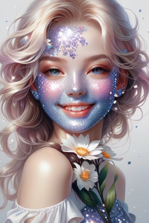 colourfull potrait of beautiful girl with beautiful smile holding a flower, higly detailed, trending on artstation, digital art, by stanley artgerm lau, wlop, rossdraws, james jean, andrei riabovitchev, marc simonetti, yoshitaka amano,glitter