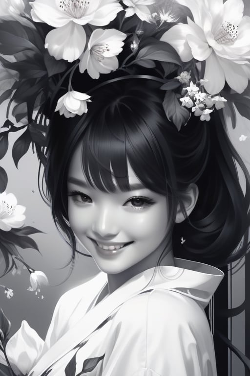 potrait of beautiful girl with beautiful smile holding a flower, higly detailed, trending on artstation, digital art, by stanley artgerm lau, wlop, rossdraws, james jean, andrei riabovitchev, marc simonetti, yoshitaka amano