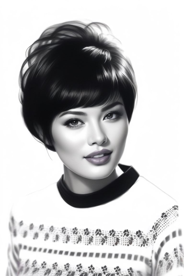 pencil Sketch of a beautiful asian woman 30 years , elegant, top model short hair , bob cut hair, black hair, small eyes , alluring, portrait by Igor Kazarin, ink drawing, illustrative art, soft lighting, detailed, more Flowing rhythm, super elegant, low contrast, add soft blur with thin line, full red lips, purple eyes , little neus, purple blouse .