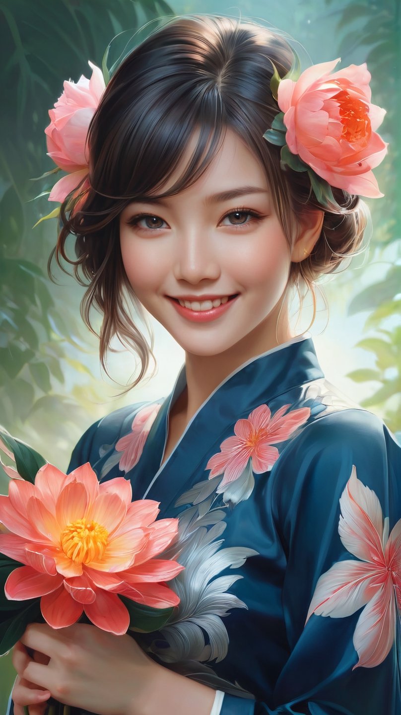 potrait of beautiful girl with beautiful smile holding a flower, higly detailed, trending on artstation, digital art, by stanley artgerm lau, wlop, rossdraws, james jean, andrei riabovitchev, marc simonetti, yoshitaka amano