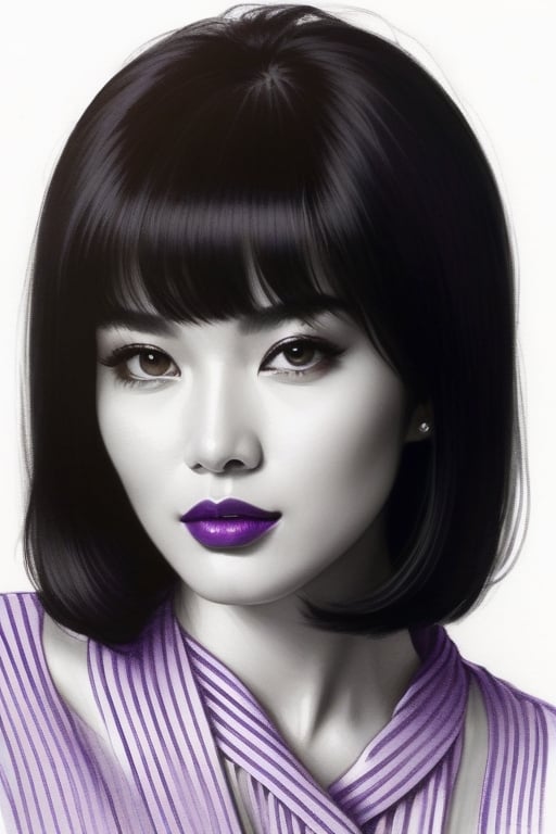 pencil Sketch of a beautiful asian woman 30 years , elegant, top model short hair , bob cut hair, black hair, small eyes , alluring, portrait by Igor Kazarin, ink drawing, illustrative art, soft lighting, detailed, more Flowing rhythm, super elegant, low contrast, add soft blur with thin line, full red lips, purple eyes , little neus, purple blouse .,glitter