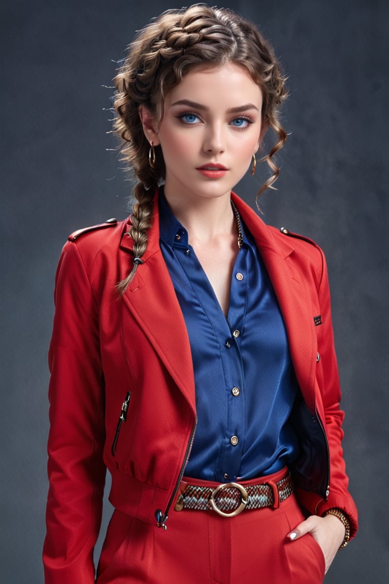 Generate hyper realistic image of a woman with short,  brown curly hair, her piercing blue eyes locked onto the viewer with intensity. She stands confidently, wearing a stylish red jacket with long sleeves, complemented by a braided belt and matching pants. Adorned with subtle makeup and nail polish, she exudes an air of sophistication, with hoop earrings framing her face.