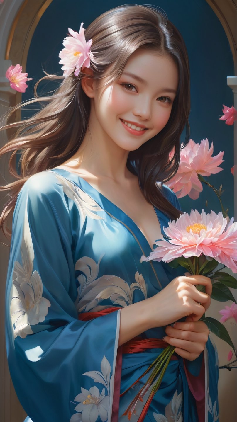 potrait of beautiful girl with beautiful smile holding a flower, higly detailed, trending on artstation, digital art, by stanley artgerm lau, wlop, rossdraws, james jean, andrei riabovitchev, marc simonetti, yoshitaka amano